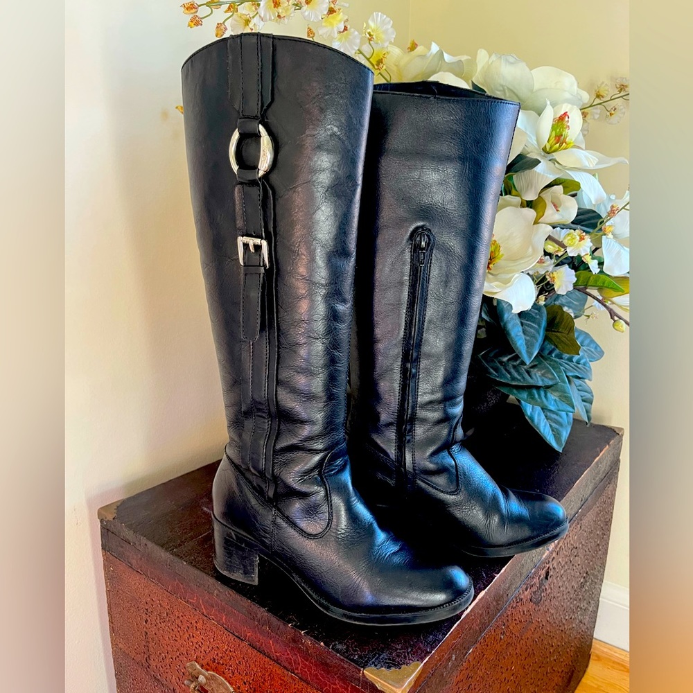Ralph Lauren “Raeanne” zip heeled riding boots with buckle; real leather
